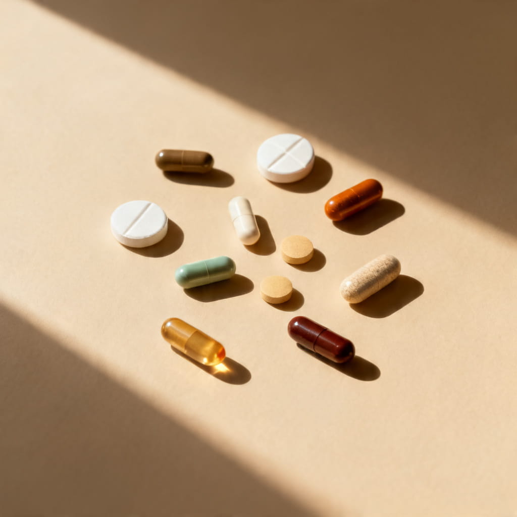 Distintos tipos de pastillas de suplementos sobre una mesa