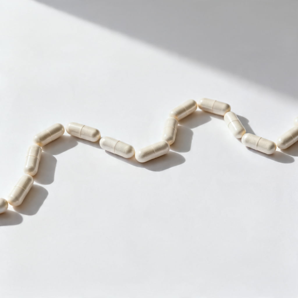 Suplementos para las articulaciones Fila de pastillas de suplementación sobre una mesa