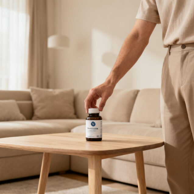 Hombre cogiendo un bote de suplementos de una mesa