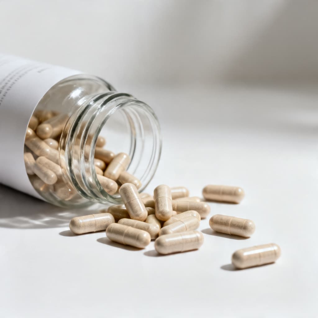 Suplementos para las articulaciones Bote de pastillas de suplementos caído sobre una mesa derramando pastillas