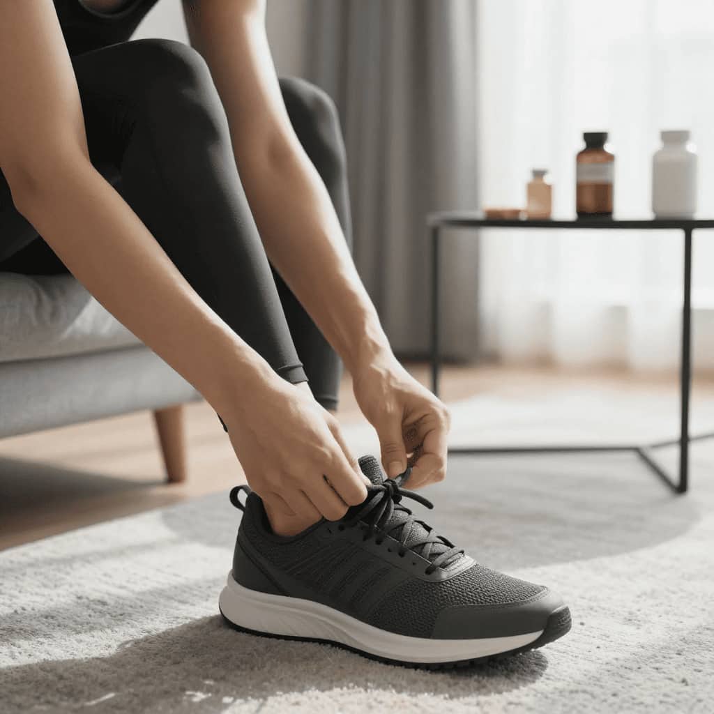 Persona abrochándose los cordones de la zapatilla