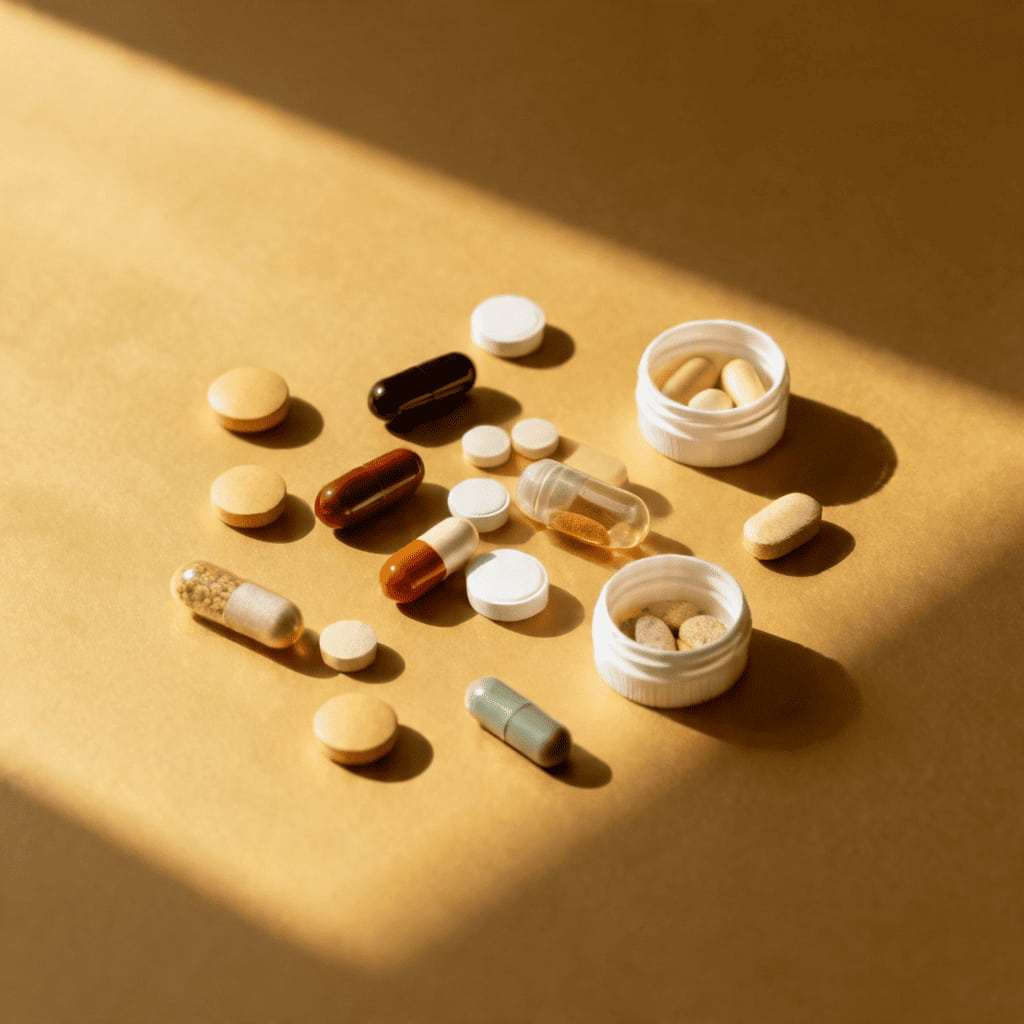 Distintos tipos de pastillas de suplementación en una mesa