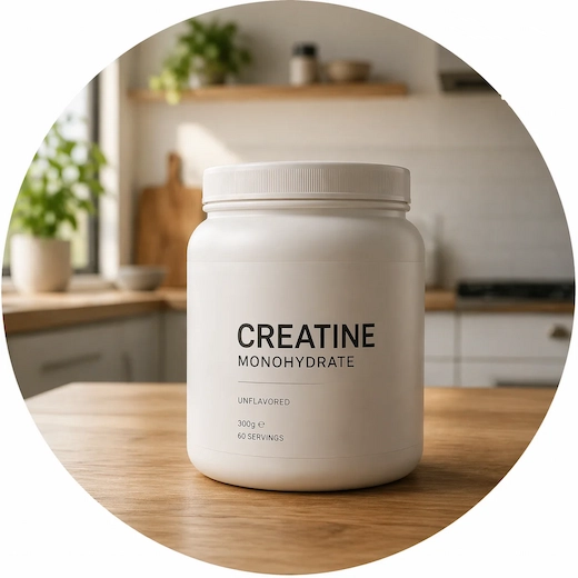 Bote de Creatina sobre mesa de cocina